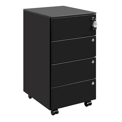 Rollcontainer mit Schubladen, Mobiler Aktenschrank unter Schreibtisch, Abschließbarer Büroschrank, Druckertisch, 4 Schubladen 4 Schlüssel, Vormontiert, Büro, Homeoffice, Schwarz