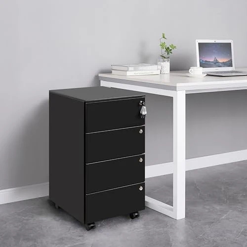 Rollcontainer mit Schubladen, Mobiler Aktenschrank unter Schreibtisch, Abschließbarer Büroschrank, Druckertisch, 4 Schubladen 4 Schlüssel, Vormontiert, Büro, Homeoffice, Schwarz