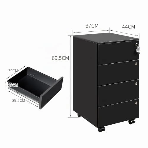 Rollcontainer mit Schubladen, Mobiler Aktenschrank unter Schreibtisch, Abschließbarer Büroschrank, Druckertisch, 4 Schubladen 4 Schlüssel, Vormontiert, Büro, Homeoffice, Schwarz