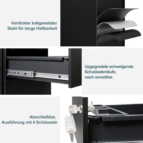 Rollcontainer mit Schubladen, Mobiler Aktenschrank unter Schreibtisch, Abschließbarer Büroschrank, Druckertisch, 4 Schubladen 4 Schlüssel, Vormontiert, Büro, Homeoffice, Schwarz