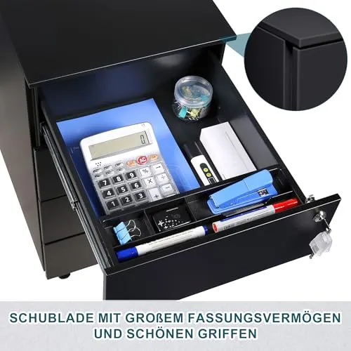 Rollcontainer mit Schubladen, Mobiler Aktenschrank unter Schreibtisch, Abschließbarer Büroschrank, Druckertisch, 4 Schubladen 4 Schlüssel, Vormontiert, Büro, Homeoffice, Schwarz