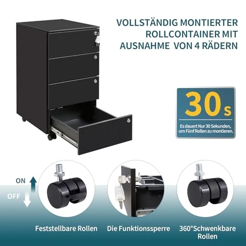 Rollcontainer mit Schubladen, Mobiler Aktenschrank unter Schreibtisch, Abschließbarer Büroschrank, Druckertisch, 4 Schubladen 4 Schlüssel, Vormontiert, Büro, Homeoffice, Schwarz