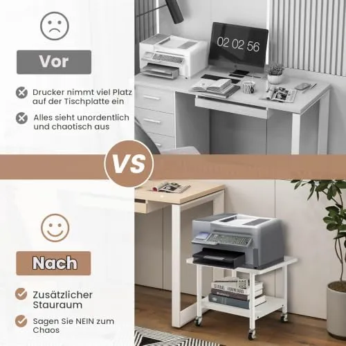 HOMASIS 2-stufiger Druckertisch, Druckerständer mit 4 Rollen inkl. 2 Bremsen, Druckerwagen 55kg belastbar, Drucker Ständer Druckerregal Druckerhalter Rollwagen für Büro Zuhause Office (Weiß)