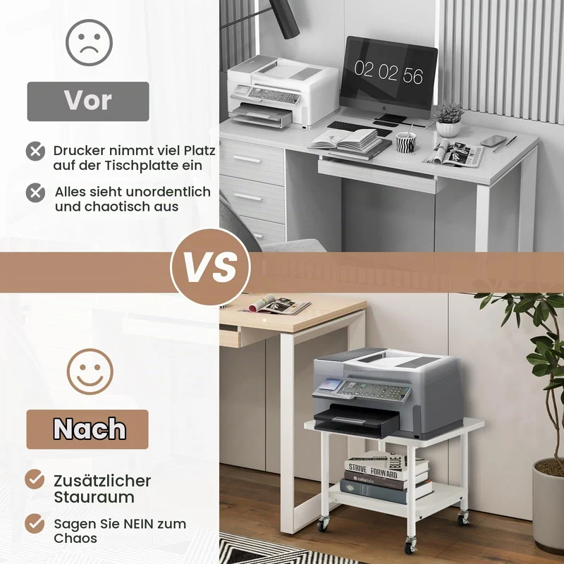 HOMASIS 2-stufiger Druckertisch, Druckerständer mit 4 Rollen inkl. 2 Bremsen, Druckerwagen 55kg belastbar, Drucker Ständer Druckerregal Druckerhalter Rollwagen für Büro Zuhause Office (Weiß)