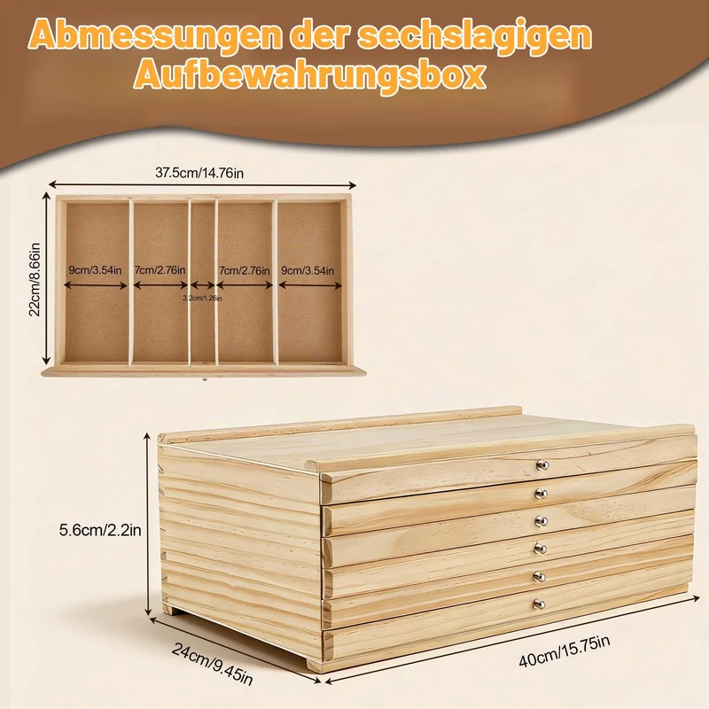 6-Schublade Holz stifte Aufbewahrung, Schubladenbox Holz Aufbewahrungsbox für Künstle mit Fächern und Schublade, Stifte-Organizer aus Buchenholz, Tragbare Holzbox für Pinsel, Marker, Pastellkreide