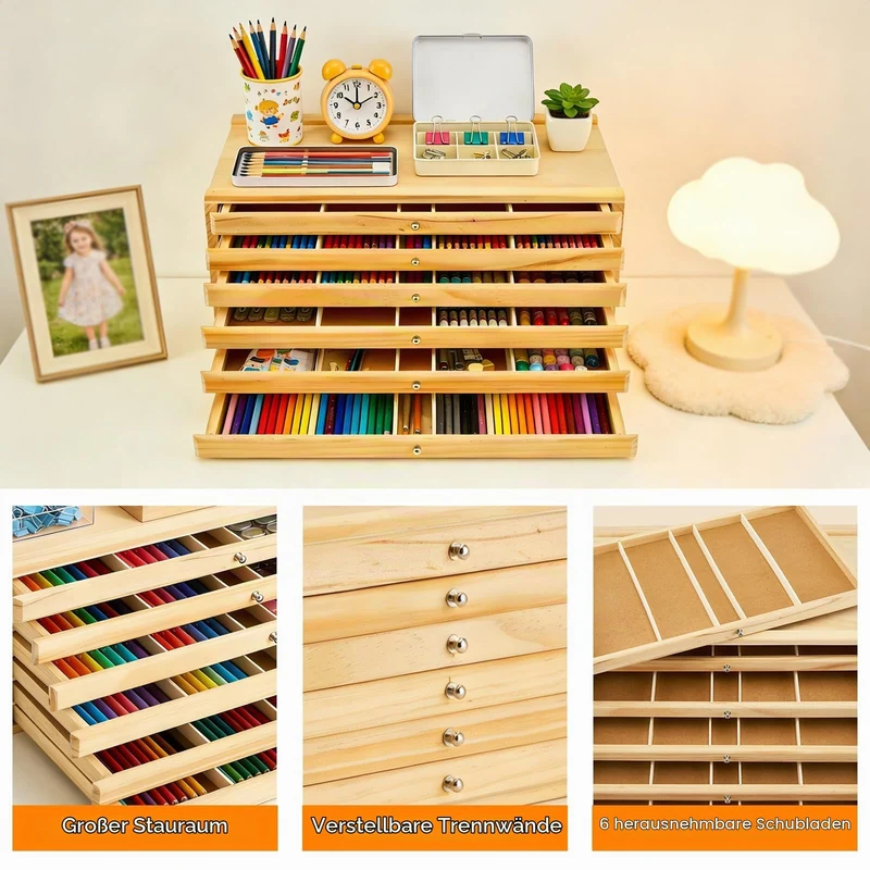 6-Schublade Holz stifte Aufbewahrung, Schubladenbox Holz Aufbewahrungsbox für Künstle mit Fächern und Schublade, Stifte-Organizer aus Buchenholz, Tragbare Holzbox für Pinsel, Marker, Pastellkreide