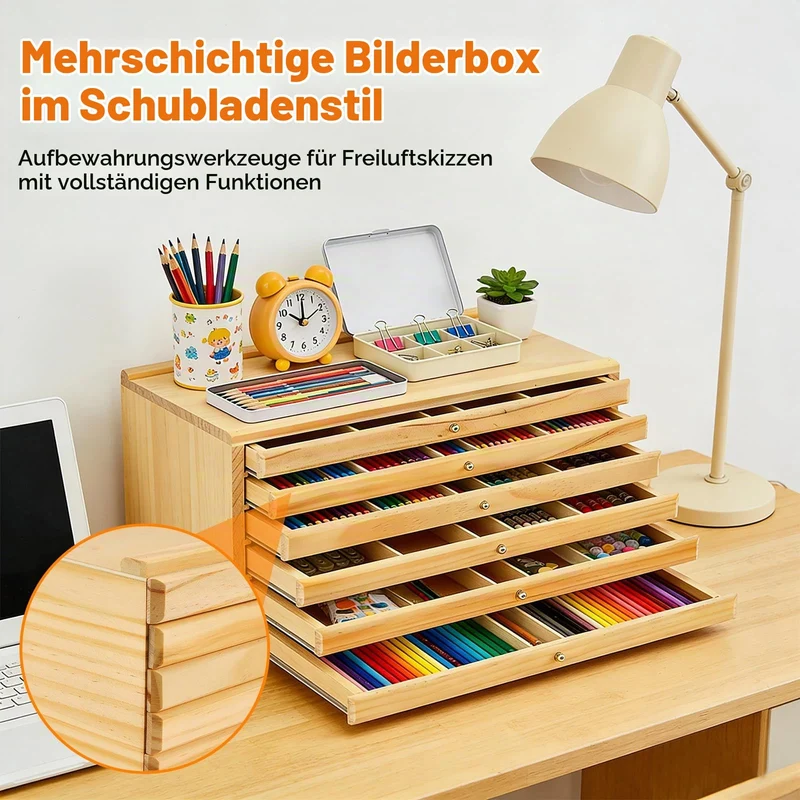 6-Schublade Holz stifte Aufbewahrung, Schubladenbox Holz Aufbewahrungsbox für Künstle mit Fächern und Schublade, Stifte-Organizer aus Buchenholz, Tragbare Holzbox für Pinsel, Marker, Pastellkreide