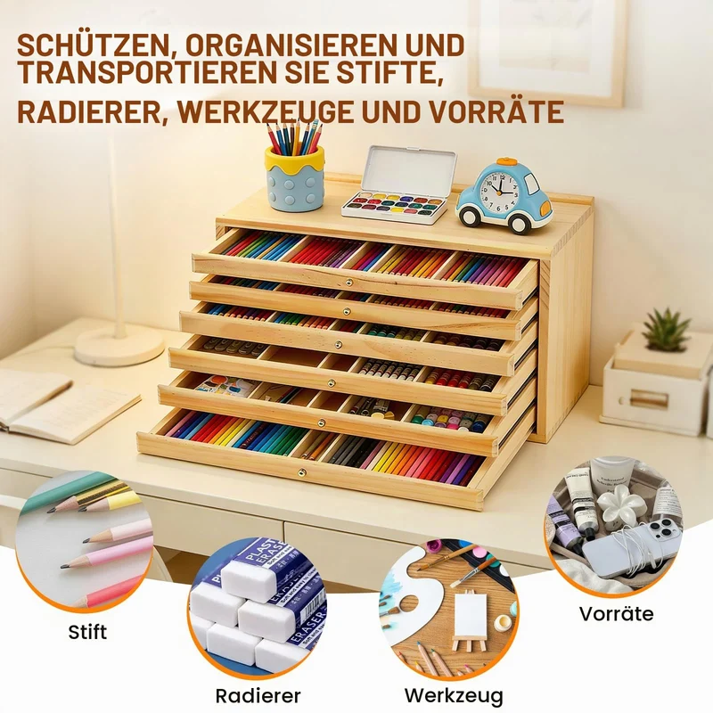 6-Schublade Holz stifte Aufbewahrung, Schubladenbox Holz Aufbewahrungsbox für Künstle mit Fächern und Schublade, Stifte-Organizer aus Buchenholz, Tragbare Holzbox für Pinsel, Marker, Pastellkreide