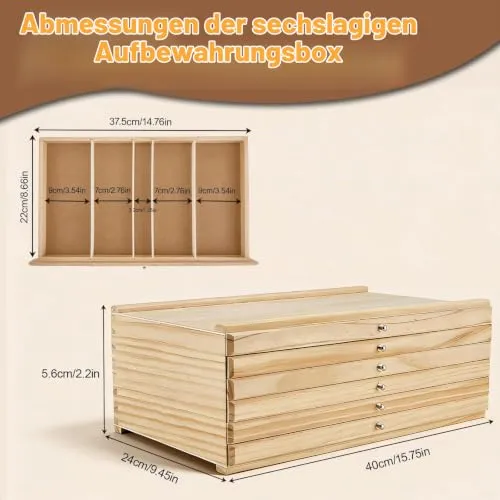 6-Schublade Holz stifte Aufbewahrung, Schubladenbox Holz Aufbewahrungsbox für Künstle mit Fächern und Schublade, Stifte-Organizer aus Buchenholz, Tragbare Holzbox für Pinsel, Marker, Pastellkreide