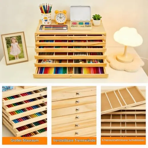 6-Schublade Holz stifte Aufbewahrung, Schubladenbox Holz Aufbewahrungsbox für Künstle mit Fächern und Schublade, Stifte-Organizer aus Buchenholz, Tragbare Holzbox für Pinsel, Marker, Pastellkreide