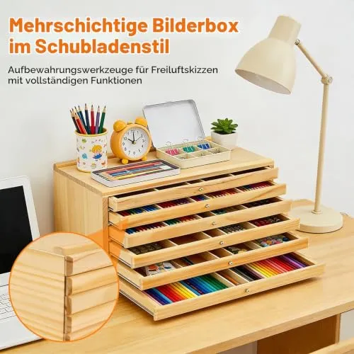 6-Schublade Holz stifte Aufbewahrung, Schubladenbox Holz Aufbewahrungsbox für Künstle mit Fächern und Schublade, Stifte-Organizer aus Buchenholz, Tragbare Holzbox für Pinsel, Marker, Pastellkreide