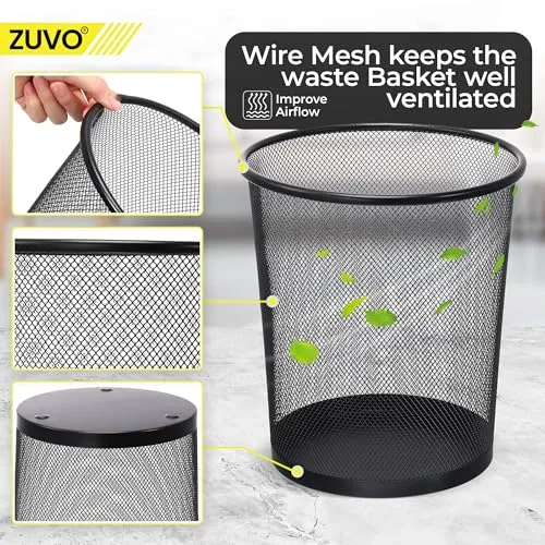 Zuvo Abfalleimer aus Drahtgeflecht, schwarzer Metalldraht, Mülleimer für Büro, Zuhause, Schlafzimmer, Höhe 25,7 cm, Breite 25,4 cm, 16 Liter, Schwarz
