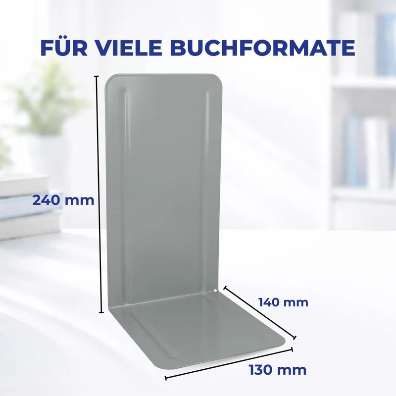 Westcott Buchstützen Grau (2er-Pack) | Metall 130 x 240 x 140 mm | Stabile Buchhalter für Bücher oder Ordner | Robuste Bücherständer mit 1,0 mm Materialstärke für Büro & Haushalt | E-10243 00