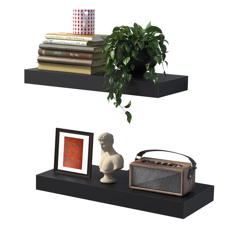 BONTEC Schweberegal Schwarz 40 x 16,5 cm, Wandregal 2er Set Regalbrett