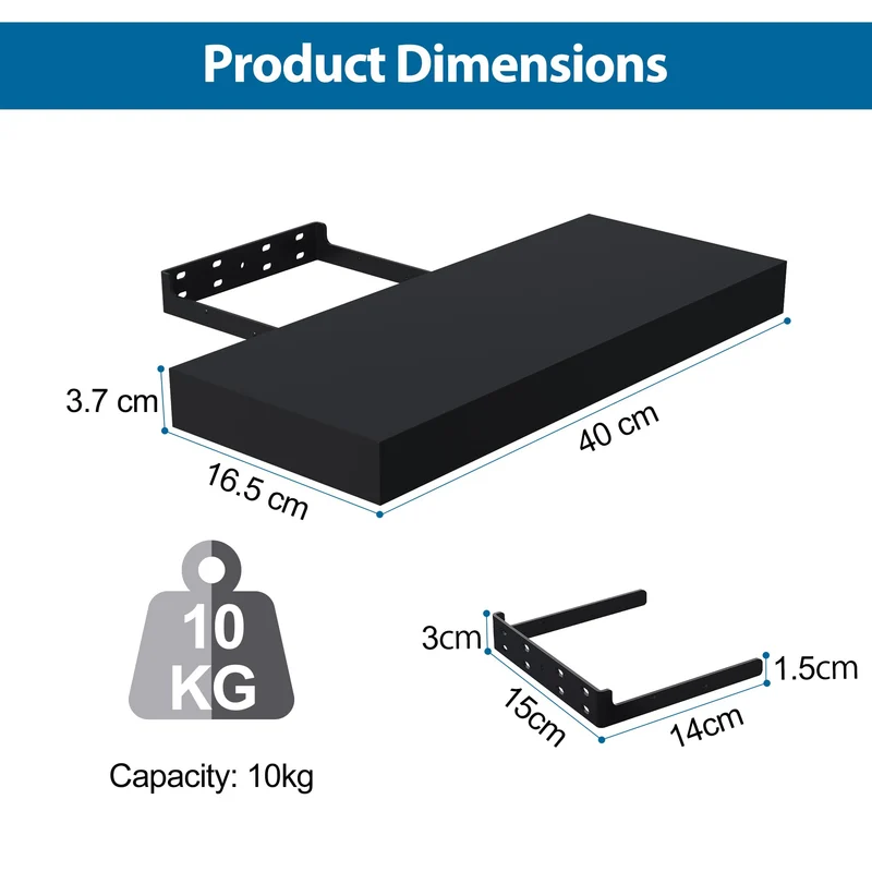 BONTEC Schweberegal Schwarz 40 x 16,5 cm, Wandregal 2er Set Regalbrett