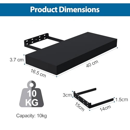 BONTEC Schweberegal Schwarz 40 x 16,5 cm, Wandregal 2er Set Regalbrett