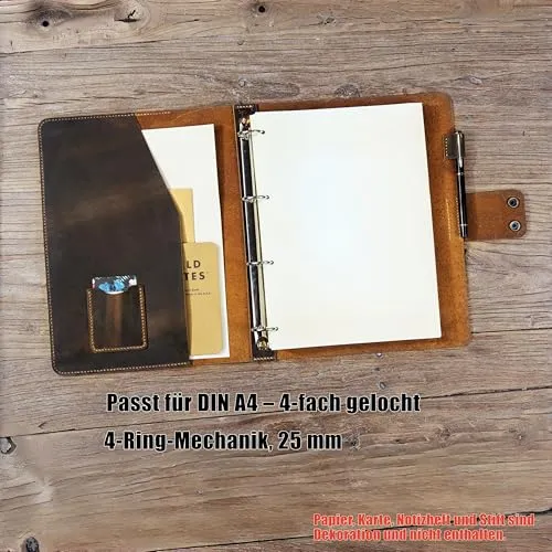 A4 Ledermappe Ringbuch, Vollnarbenleder Ordner mit 4-Ring Mechanik