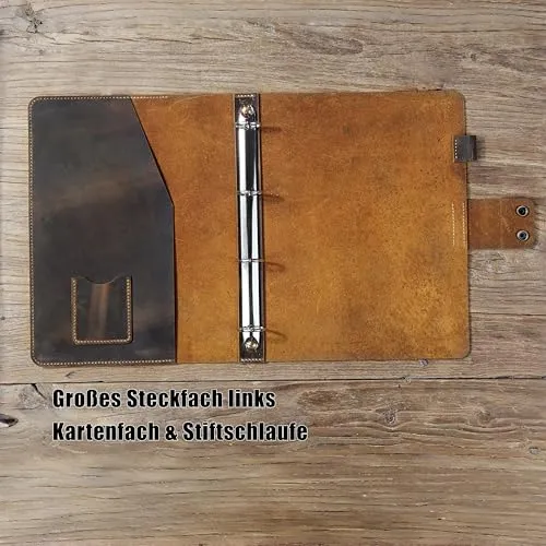 A4 Ledermappe Ringbuch, Vollnarbenleder Ordner mit 4-Ring Mechanik