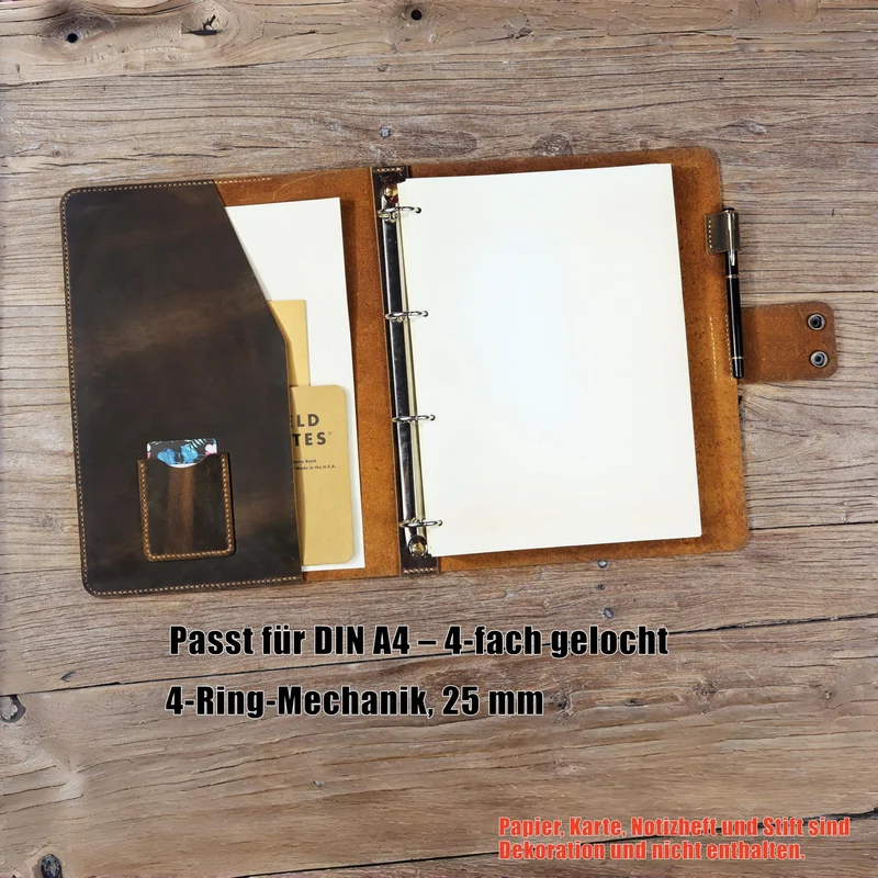 A4 Ledermappe Ringbuch, Vollnarbenleder Ordner mit 4-Ring Mechanik