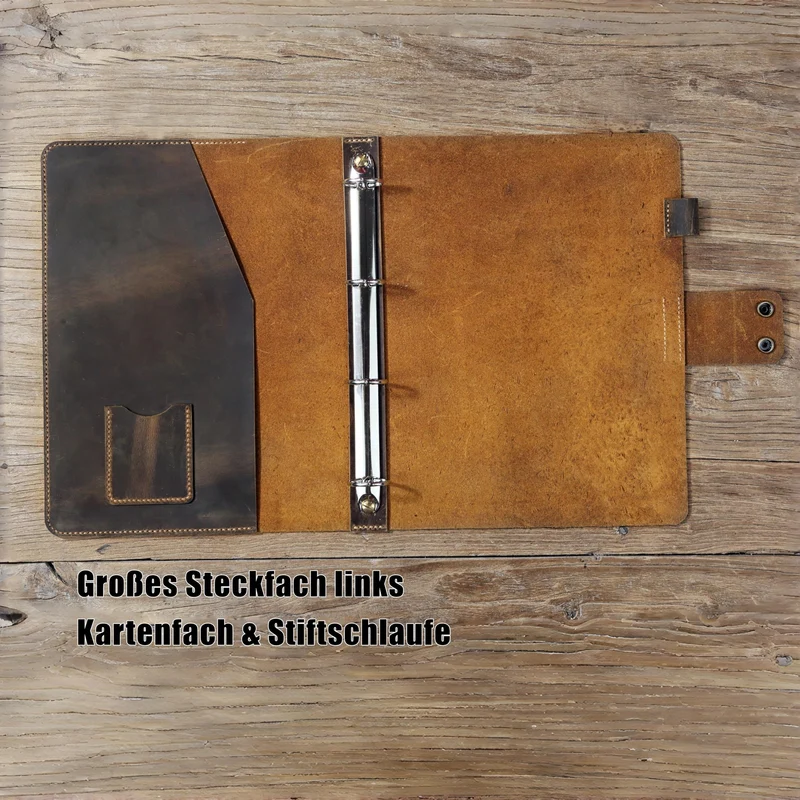 A4 Ledermappe Ringbuch, Vollnarbenleder Ordner mit 4-Ring Mechanik
