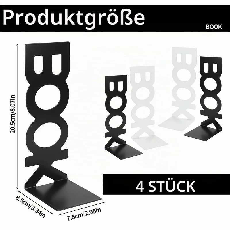 4 Stück, Weiß & Schwarz，Buchstützen für Regale Metall