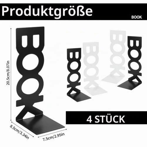 4 Stück, Weiß & Schwarz，Buchstützen für Regale Metall