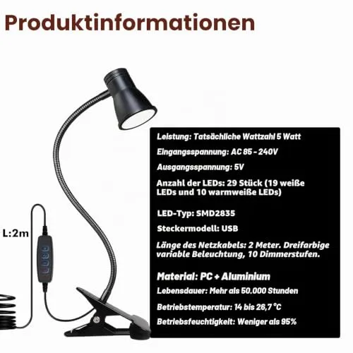 GBKDQQ 2 Stück Leselampe Bett Klemme, Dimmbare LED Schreibtischlampe mit 3 Farbtemperaturen, USB Tischlampe mit Kabel, Klemmlampe Bett mit Schalter für Schlafzimmer, Schreibtisch