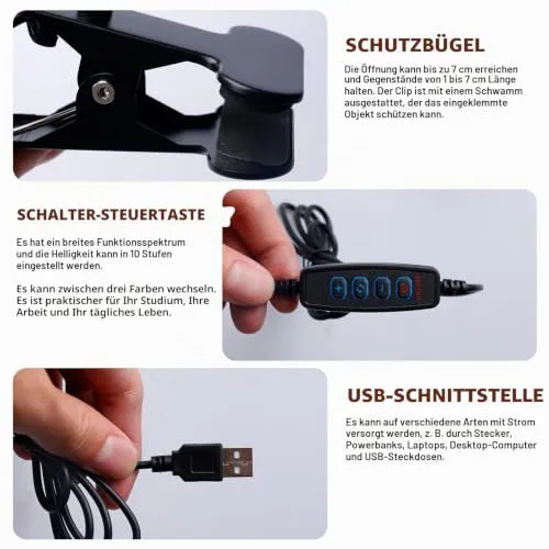 GBKDQQ 2 Stück Leselampe Bett Klemme, Dimmbare LED Schreibtischlampe mit 3 Farbtemperaturen, USB Tischlampe mit Kabel, Klemmlampe Bett mit Schalter für Schlafzimmer, Schreibtisch