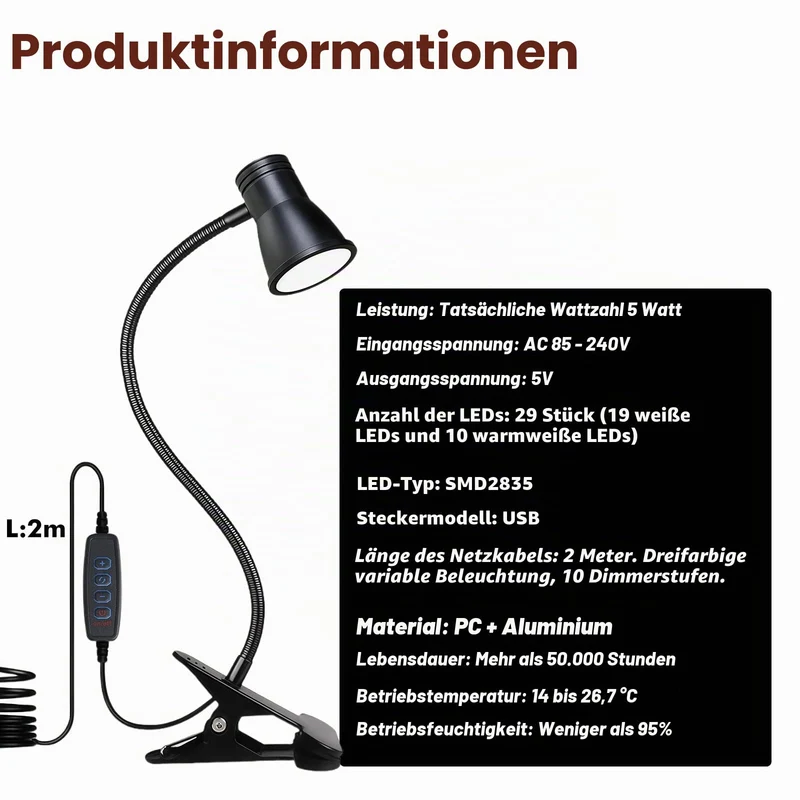 GBKDQQ 2 Stück Leselampe Bett Klemme, Dimmbare LED Schreibtischlampe mit 3 Farbtemperaturen, USB Tischlampe mit Kabel, Klemmlampe Bett mit Schalter für Schlafzimmer, Schreibtisch