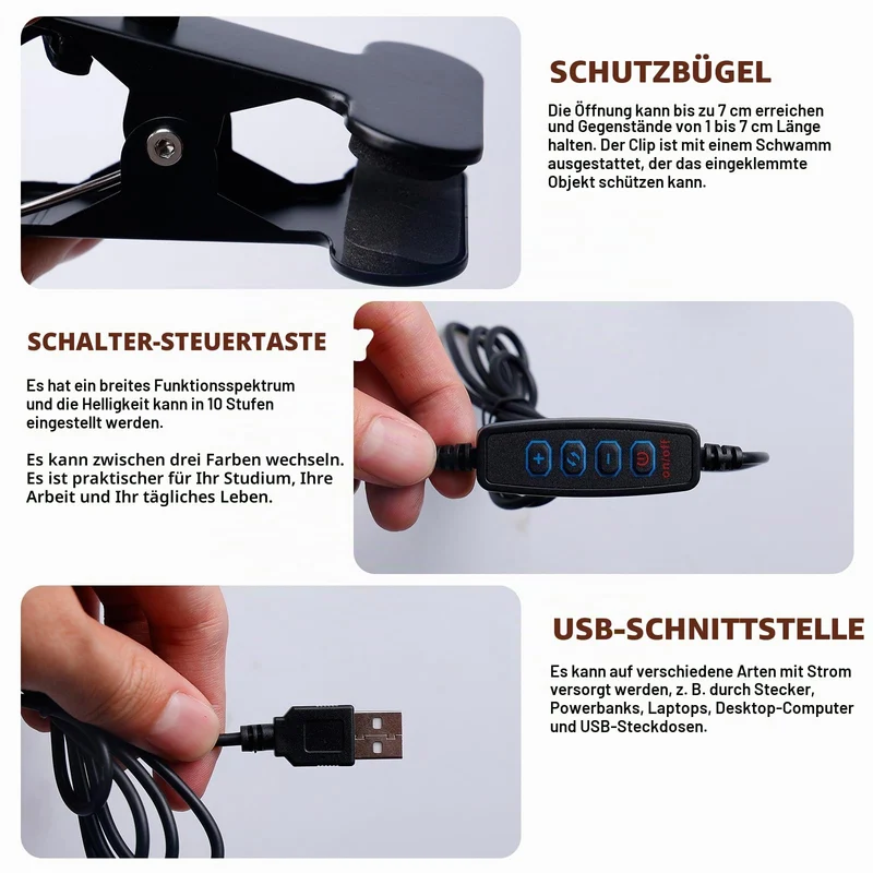 GBKDQQ 2 Stück Leselampe Bett Klemme, Dimmbare LED Schreibtischlampe mit 3 Farbtemperaturen, USB Tischlampe mit Kabel, Klemmlampe Bett mit Schalter für Schlafzimmer, Schreibtisch