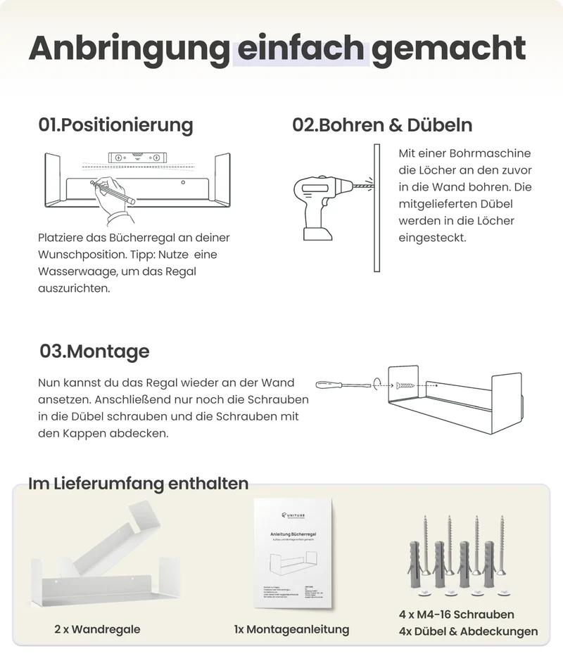 UNITURE® - 2er Set - Modernes Wandregal Weiß - 2x40 cm Bücherregal schwebend, Bilderleiste weiß