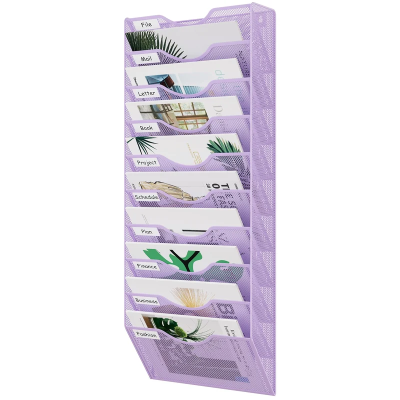 EasyPAG Ordner für Büro, 10 Fächer, Wandhalter, Zeitschriftenhalter, mit 5 Schlüsselhalter-Haken, silberfarben