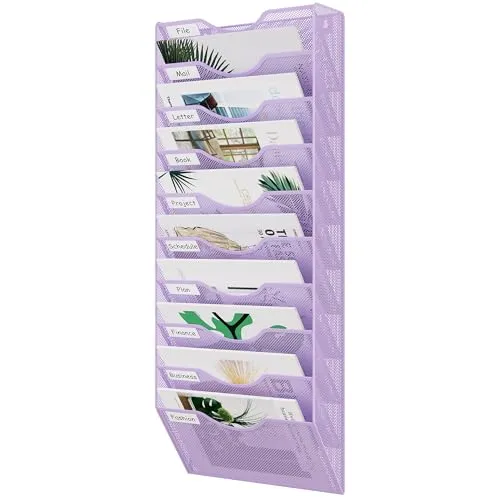 EasyPAG Ordner für Büro, 10 Fächer, Wandhalter, Zeitschriftenhalter, mit 5 Schlüsselhalter-Haken, silberfarben