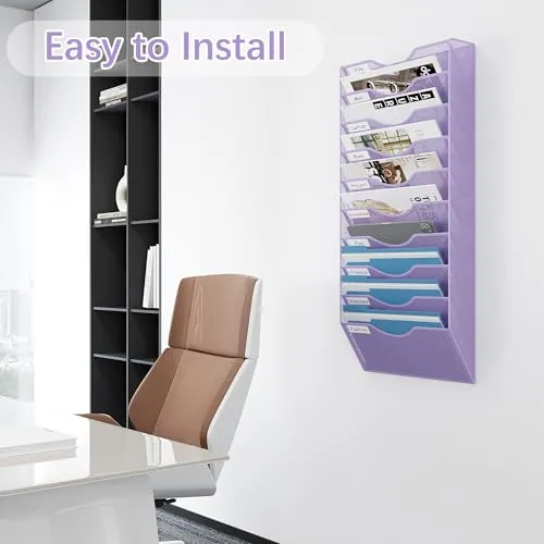 EasyPAG Ordner für Büro, 10 Fächer, Wandhalter, Zeitschriftenhalter, mit 5 Schlüsselhalter-Haken, silberfarben