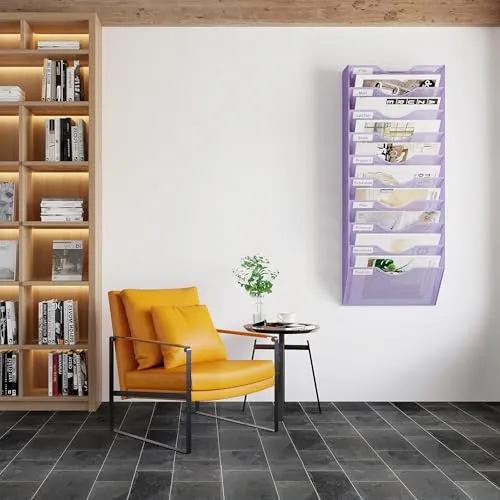 EasyPAG Ordner für Büro, 10 Fächer, Wandhalter, Zeitschriftenhalter, mit 5 Schlüsselhalter-Haken, silberfarben