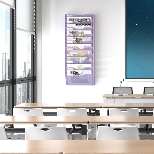 EasyPAG Ordner für Büro, 10 Fächer, Wandhalter, Zeitschriftenhalter, mit 5 Schlüsselhalter-Haken, silberfarben