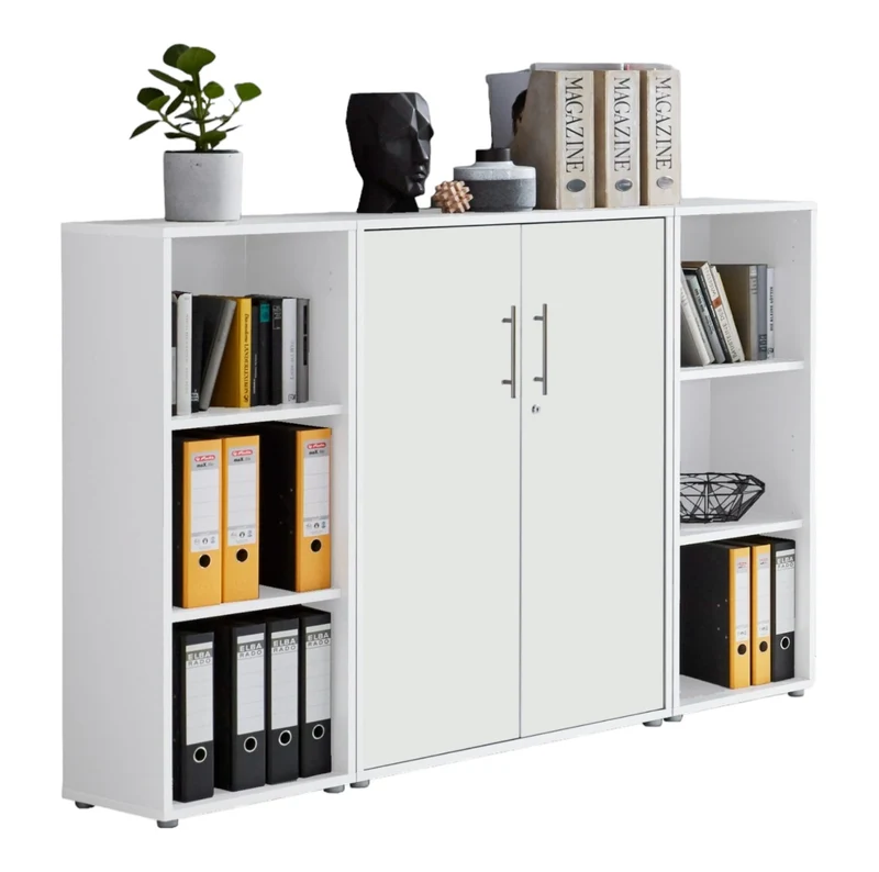 moebel-dich-auf Aktenschrank TABOR 2 abschließbar Highboard Büroschrank 2 Türen 6 offene Fächer Korpus weiß Front weiß matt
