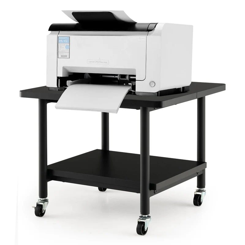 GOPLUS Druckertisch mit Arretierbaren Räder, Rollcontainer mit 2 Ablagen, Rollwagen für Schreibtisch, Drucker Ständer aus Holz, um 360° Drehbare Räder, Multifunktionswagen für Zuhause Büro (Schwarz)