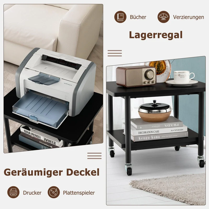 GOPLUS Druckertisch mit Arretierbaren Räder, Rollcontainer mit 2 Ablagen, Rollwagen für Schreibtisch, Drucker Ständer aus Holz, um 360° Drehbare Räder, Multifunktionswagen für Zuhause Büro (Schwarz)