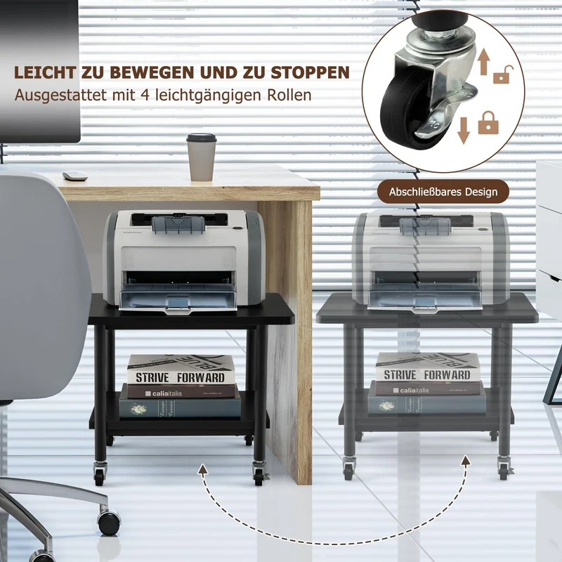 GOPLUS Druckertisch mit Arretierbaren Räder, Rollcontainer mit 2 Ablagen, Rollwagen für Schreibtisch, Drucker Ständer aus Holz, um 360° Drehbare Räder, Multifunktionswagen für Zuhause Büro (Schwarz)