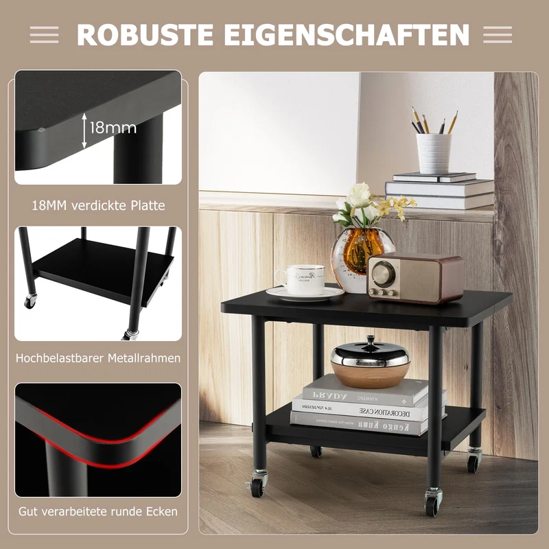 GOPLUS Druckertisch mit Arretierbaren Räder, Rollcontainer mit 2 Ablagen, Rollwagen für Schreibtisch, Drucker Ständer aus Holz, um 360° Drehbare Räder, Multifunktionswagen für Zuhause Büro (Schwarz)