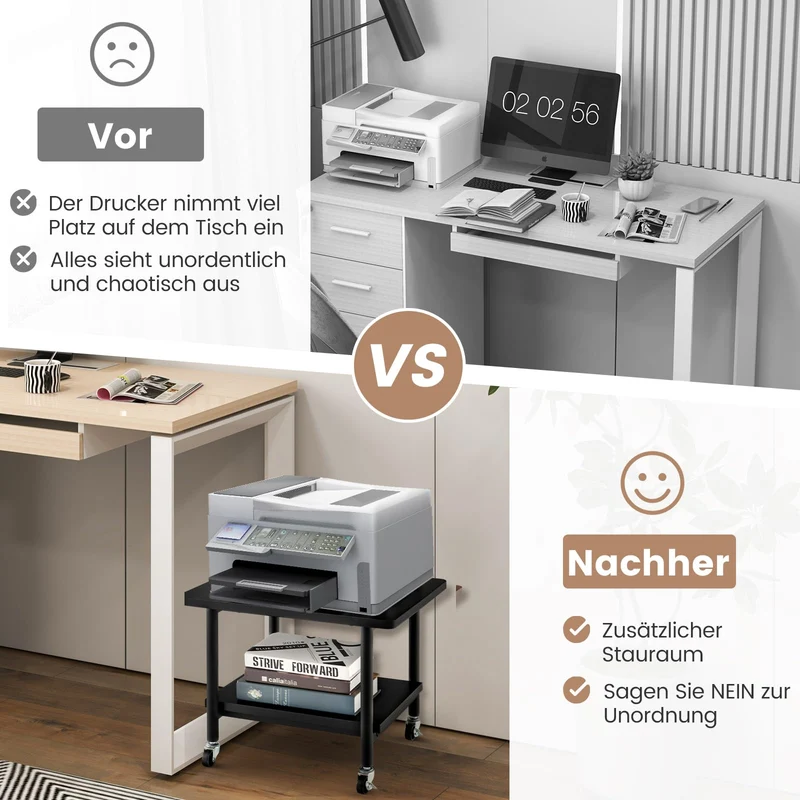 GOPLUS Druckertisch mit Arretierbaren Räder, Rollcontainer mit 2 Ablagen, Rollwagen für Schreibtisch, Drucker Ständer aus Holz, um 360° Drehbare Räder, Multifunktionswagen für Zuhause Büro (Schwarz)