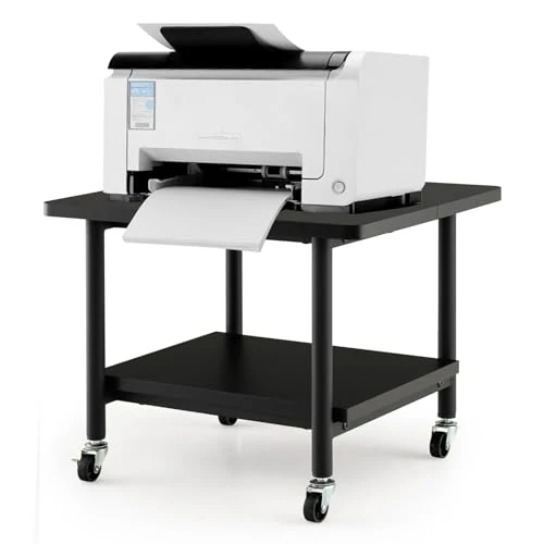 GOPLUS Druckertisch mit Arretierbaren Räder, Rollcontainer mit 2 Ablagen, Rollwagen für Schreibtisch, Drucker Ständer aus Holz, um 360° Drehbare Räder, Multifunktionswagen für Zuhause Büro (Schwarz)