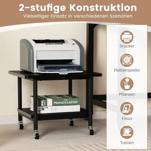 GOPLUS Druckertisch mit Arretierbaren Räder, Rollcontainer mit 2 Ablagen, Rollwagen für Schreibtisch, Drucker Ständer aus Holz, um 360° Drehbare Räder, Multifunktionswagen für Zuhause Büro (Schwarz)