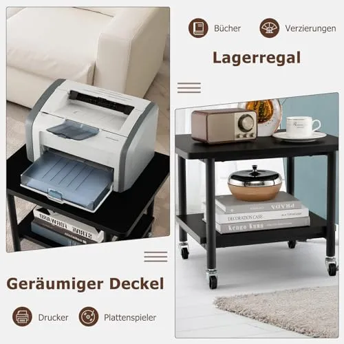 GOPLUS Druckertisch mit Arretierbaren Räder, Rollcontainer mit 2 Ablagen, Rollwagen für Schreibtisch, Drucker Ständer aus Holz, um 360° Drehbare Räder, Multifunktionswagen für Zuhause Büro (Schwarz)