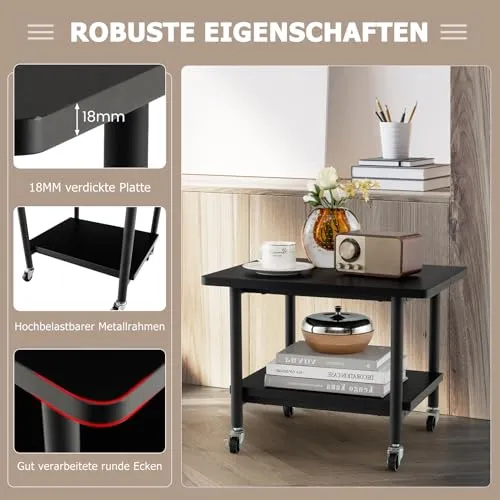 GOPLUS Druckertisch mit Arretierbaren Räder, Rollcontainer mit 2 Ablagen, Rollwagen für Schreibtisch, Drucker Ständer aus Holz, um 360° Drehbare Räder, Multifunktionswagen für Zuhause Büro (Schwarz)