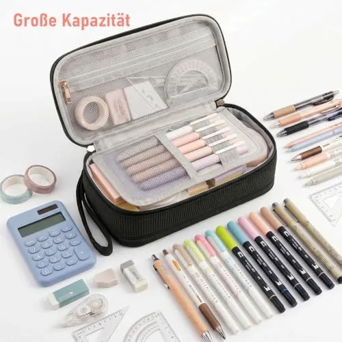 Mäppchen Federmäppchen aus Cord-Stoff, Federmappe mit großer Kapazität, Mäppchen Mädchen für Mädchen, Jungen und Erwachsene, ideal für Schule, Hochschule und Büro (Schwarz)