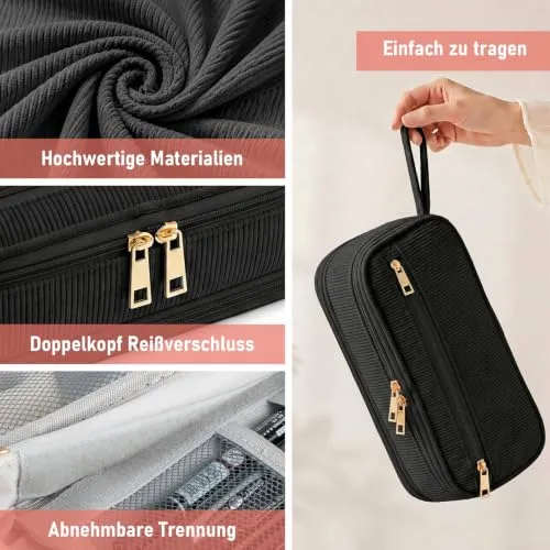 Mäppchen Federmäppchen aus Cord-Stoff, Federmappe mit großer Kapazität, Mäppchen Mädchen für Mädchen, Jungen und Erwachsene, ideal für Schule, Hochschule und Büro (Schwarz)