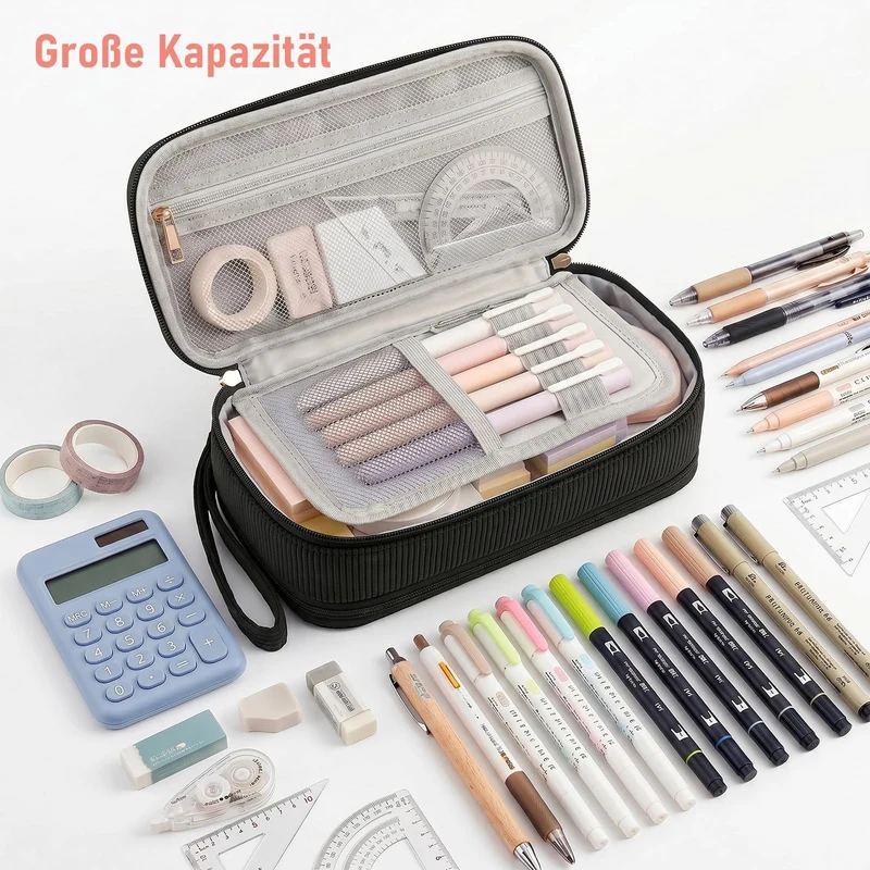 Mäppchen Federmäppchen aus Cord-Stoff, Federmappe mit großer Kapazität, Mäppchen Mädchen für Mädchen, Jungen und Erwachsene, ideal für Schule, Hochschule und Büro (Schwarz)
