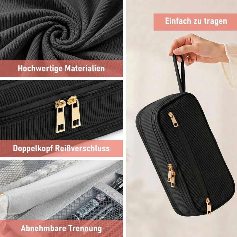 Mäppchen Federmäppchen aus Cord-Stoff, Federmappe mit großer Kapazität, Mäppchen Mädchen für Mädchen, Jungen und Erwachsene, ideal für Schule, Hochschule und Büro (Schwarz)